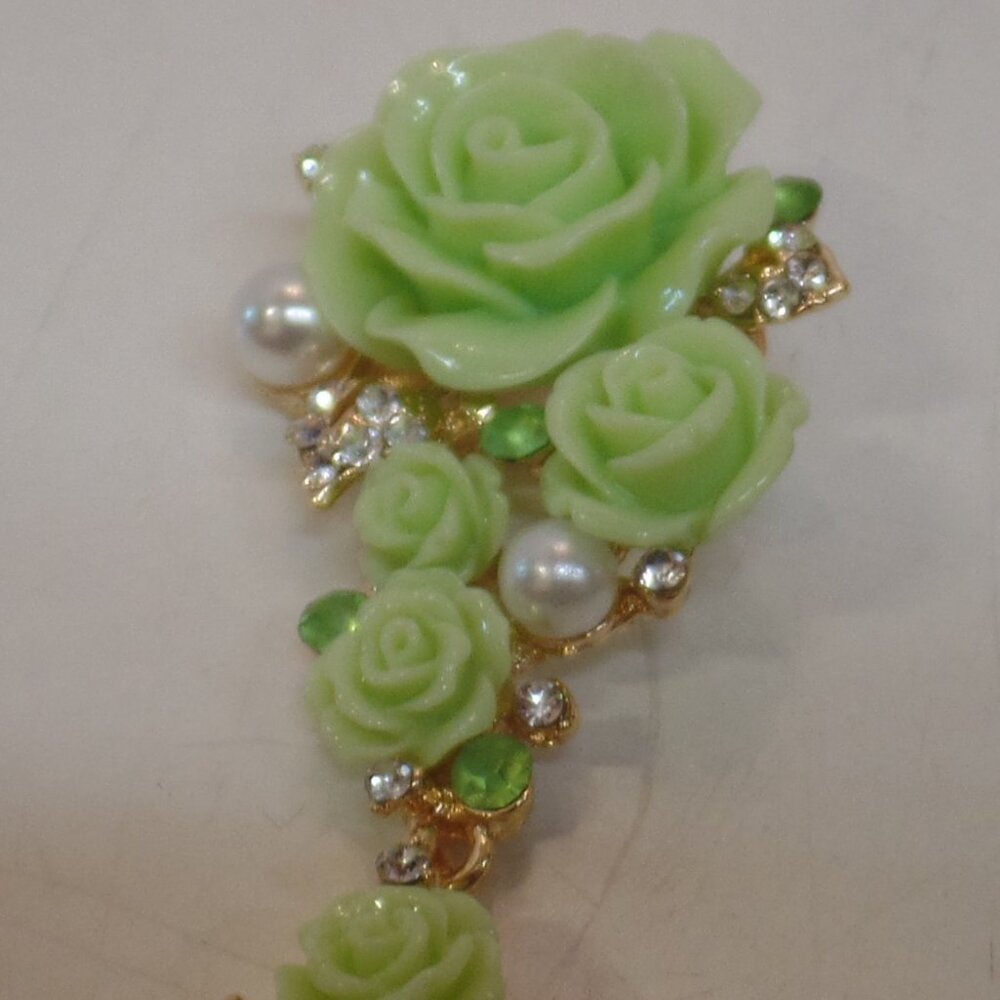 Vintage Goldtone Light Green Rose, Faux Pearl & Sparkles Brooch Apx 2.5" Long